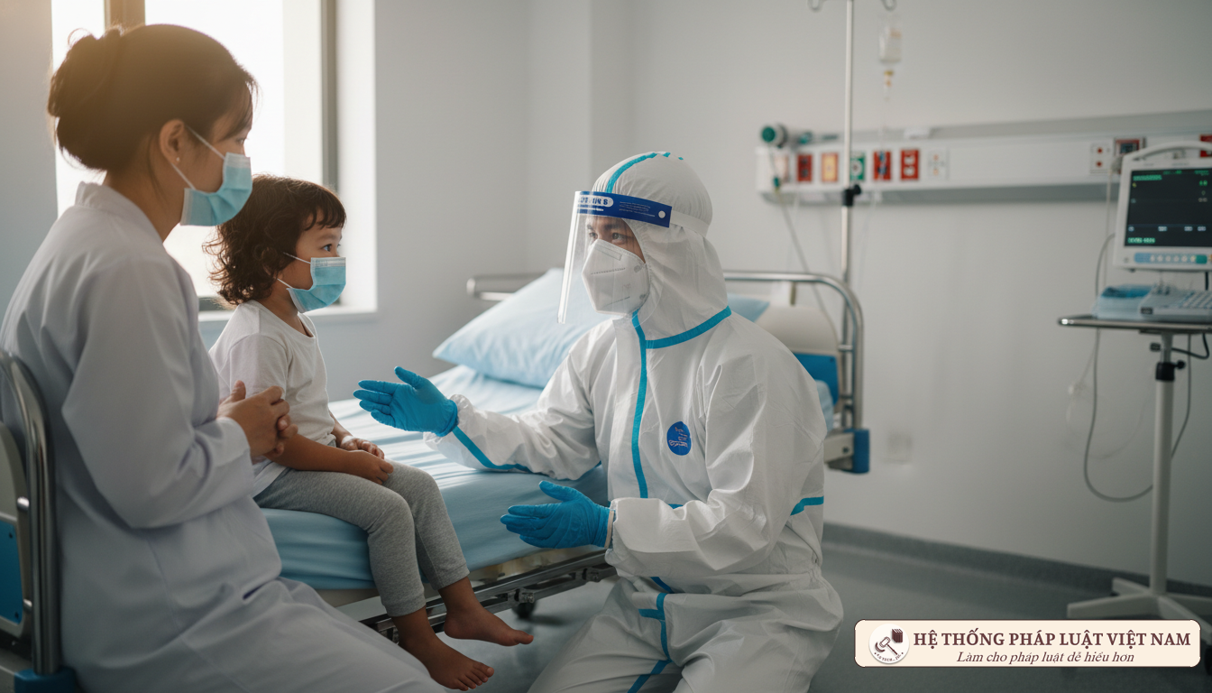 Cán bộ y tế hỗ trợ trẻ em tại khu cách ly