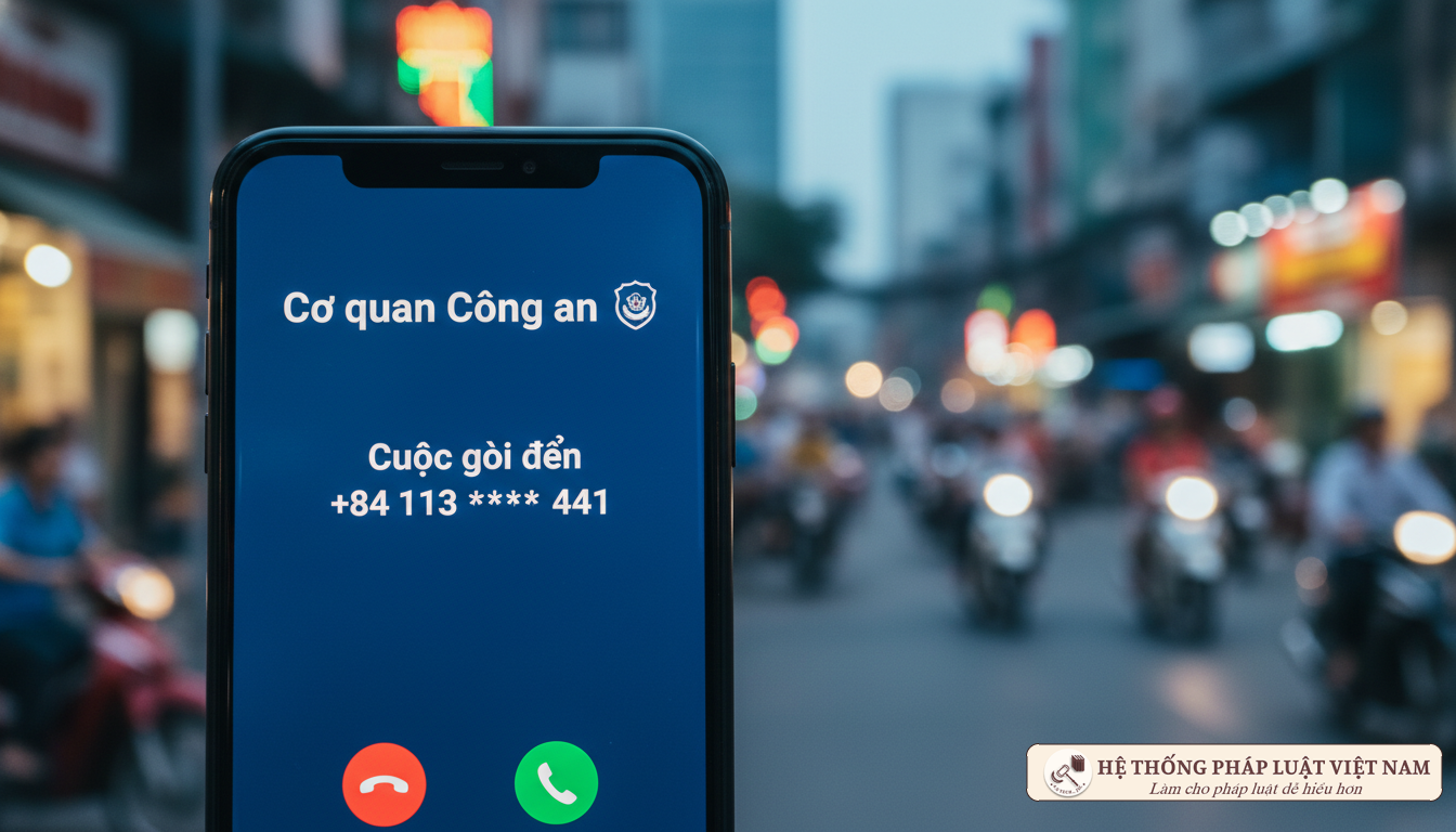Màn hình điện thoại hiển thị cuộc gọi giả danh cơ quan Công an