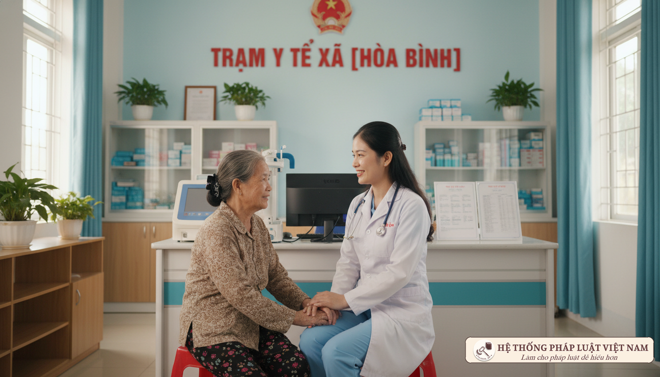 Bác sĩ thăm khám cho bệnh nhân tại trạm y tế xã