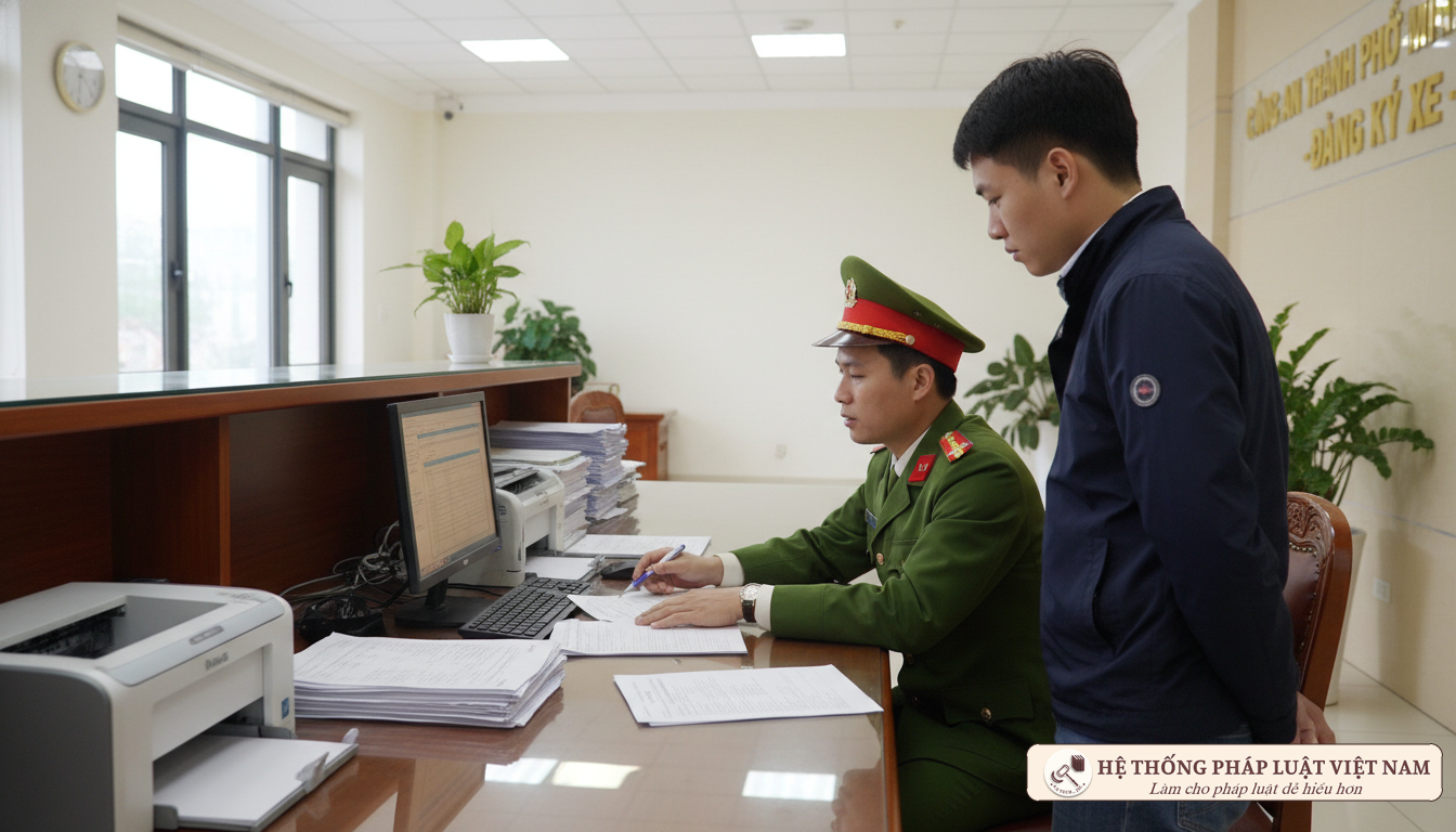 Cán bộ công an hướng dẫn đăng ký xe