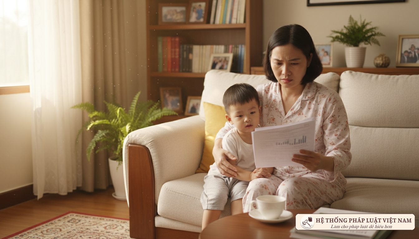 Mẹ và con trai cùng xem giấy tờ pháp lý