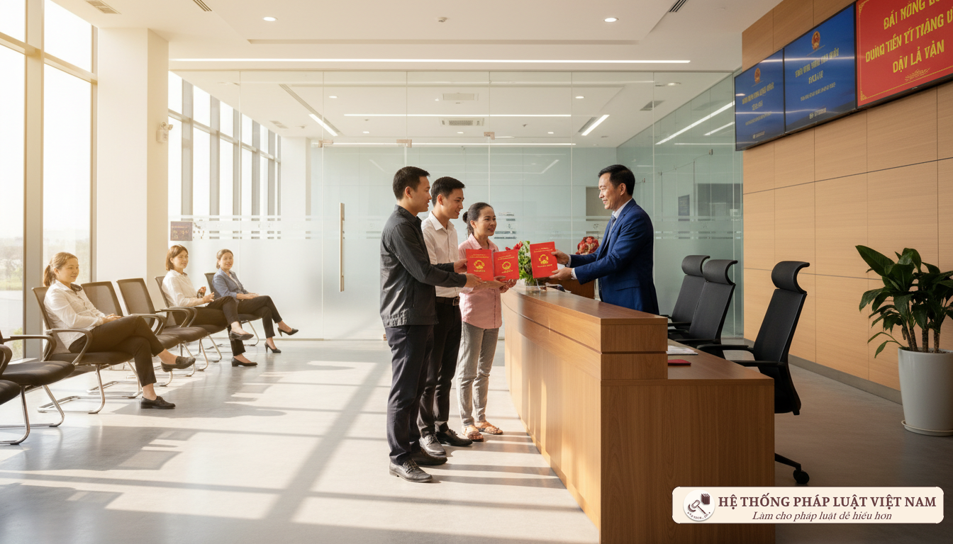 Người dân nhận sổ đỏ tại cơ quan nhà nước