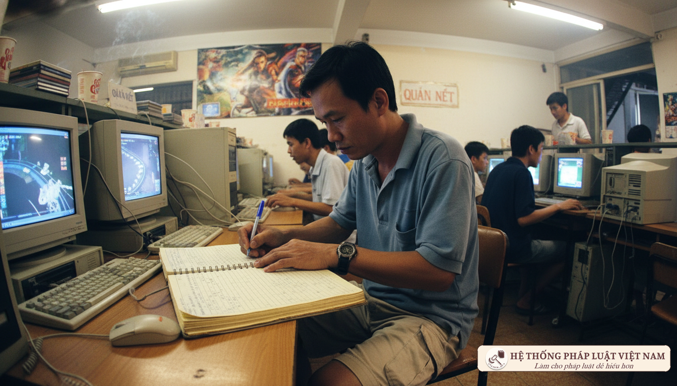 Chủ tiệm Net ghi chép sổ theo dõi khách hàng