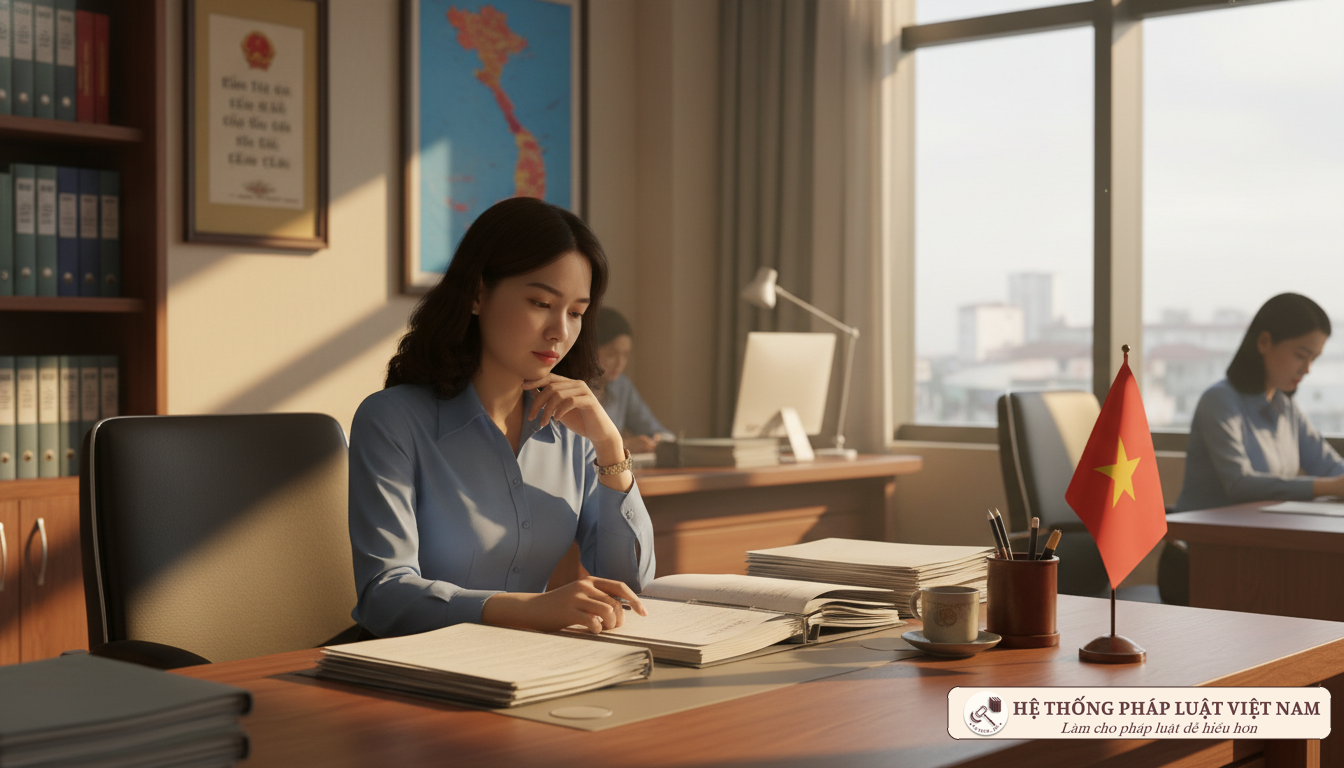 Nữ công chức làm việc tại văn phòng với lá cờ Việt Nam