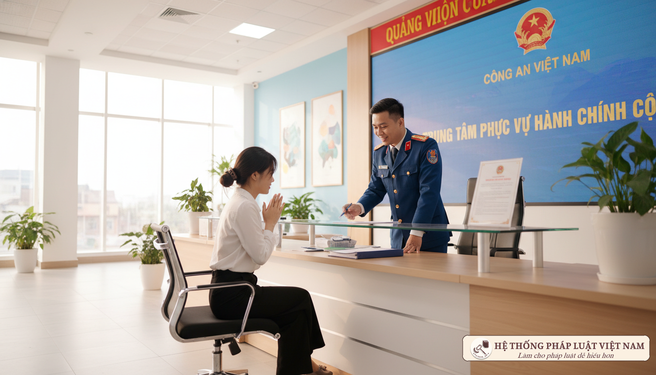Cán bộ công an hỗ trợ người dân làm thủ tục căn cước