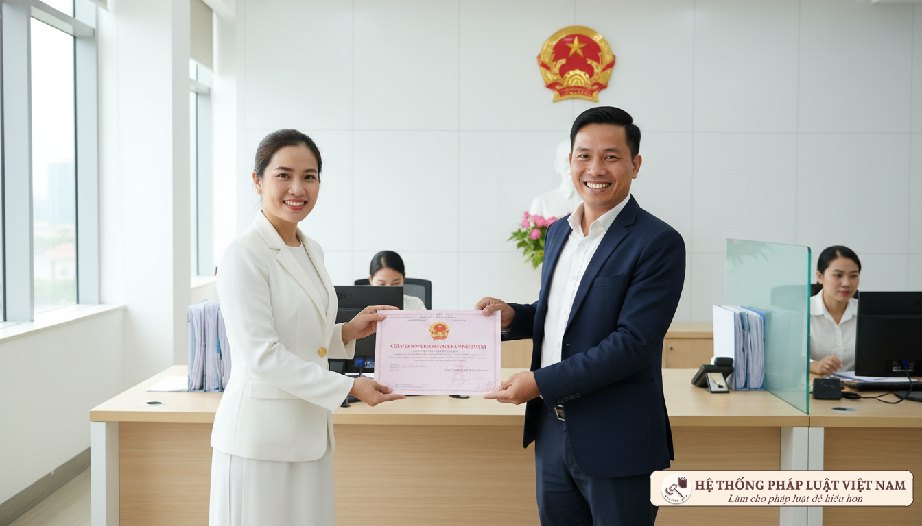 Cán bộ trao sổ đỏ cho người dân