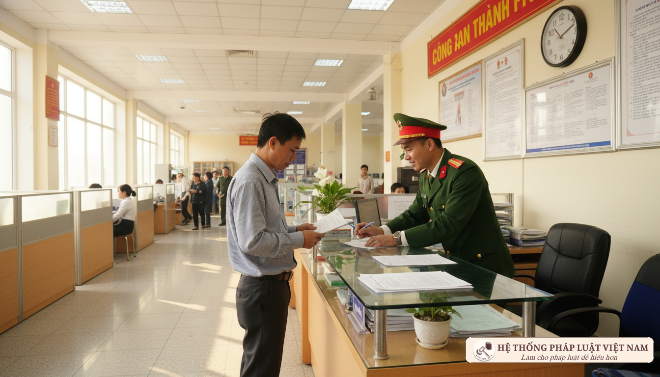 Cán bộ công an hướng dẫn người dân làm thủ tục hành chính