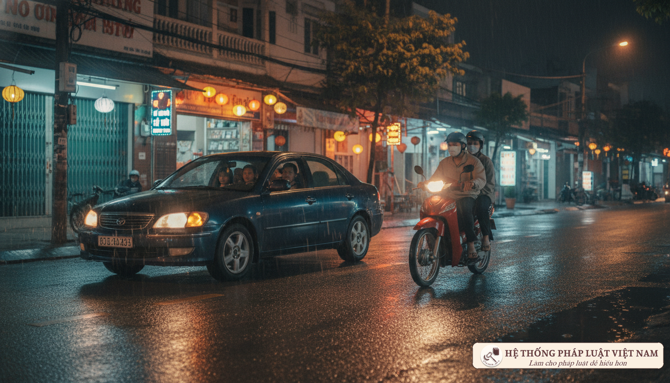 Xe ô tô và xe máy tránh nhau ban đêm sử dụng đèn cốt