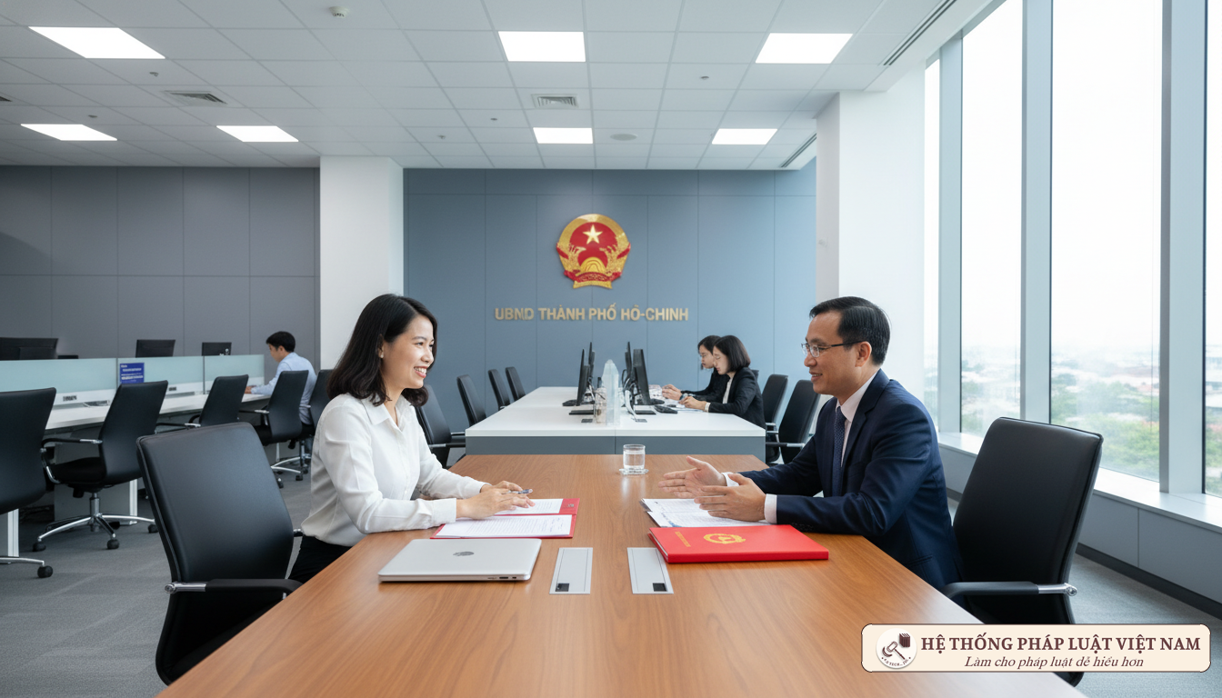 Người dân làm việc tại UBND