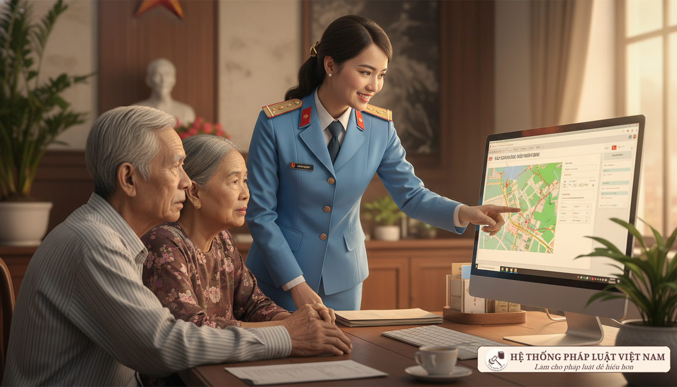 Cán bộ hỗ trợ người dân làm thủ tục đất đai online