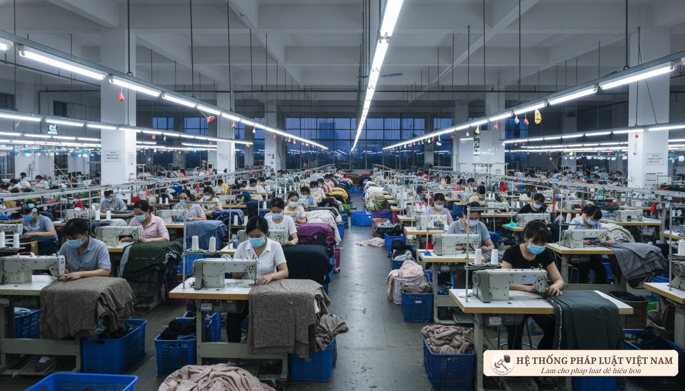 Công nhân nhà máy may mặc làm việc tăng ca