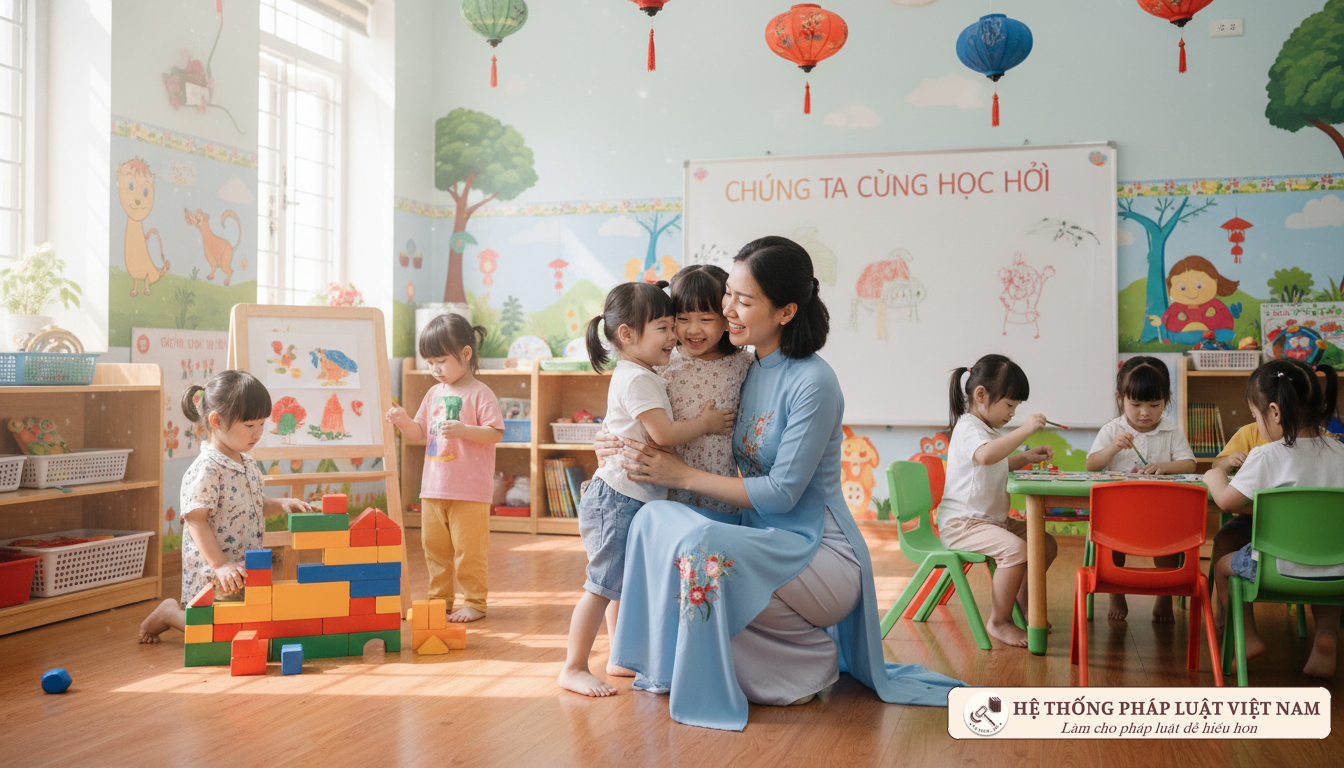 Cô giáo mầm non chăm sóc trẻ