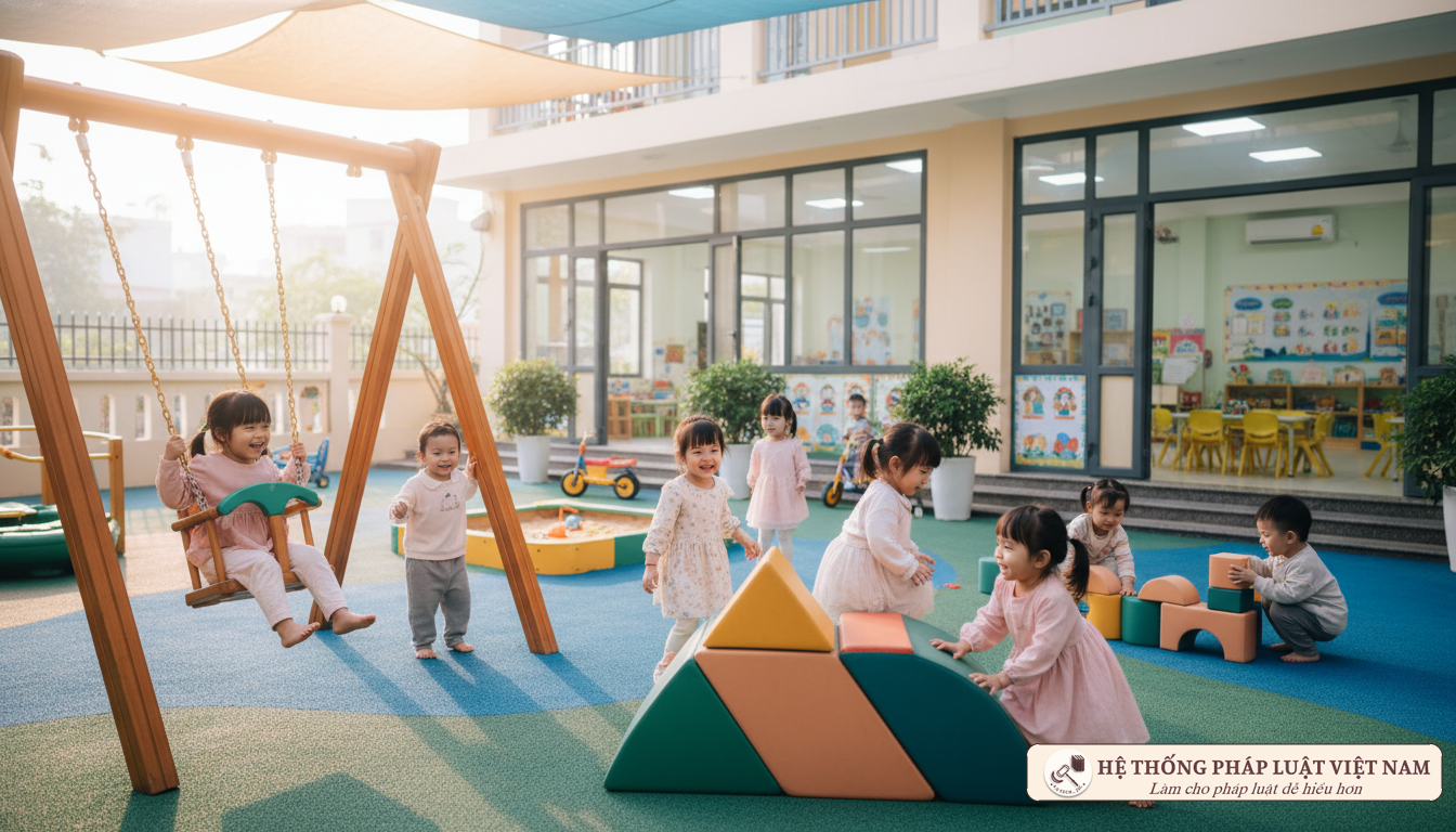 Trẻ em mầm non vui chơi tại sân trường