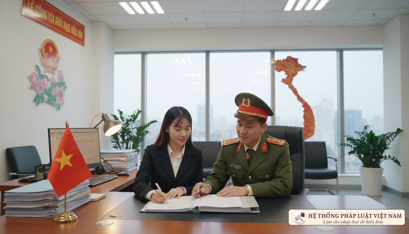 Cán bộ công an hướng dẫn thủ tục cư trú