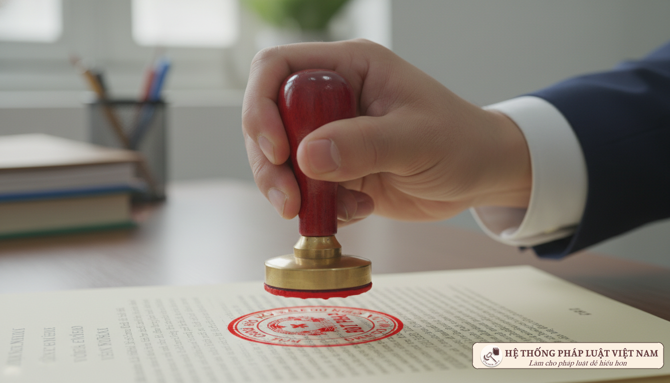 Đóng dấu đỏ lên văn bản thông báo thay đổi mẫu dấu