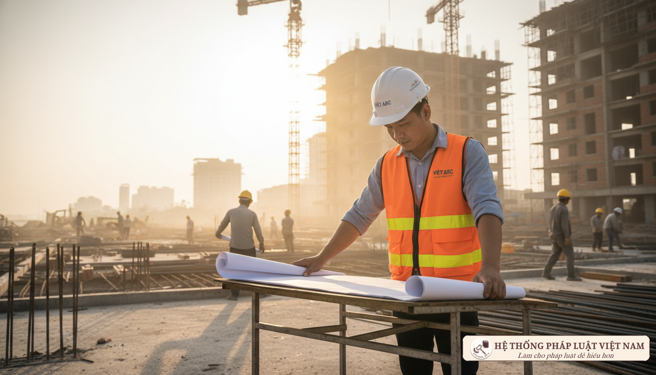 Kiến trúc sư làm việc tại công trường xây dựng