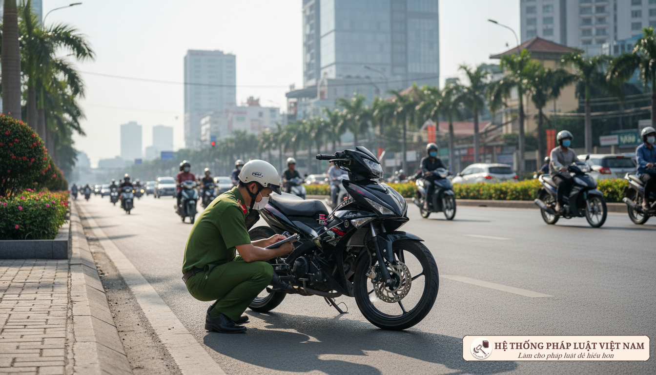 Cảnh sát giao thông Việt Nam kiểm tra xe máy trên đường phố
