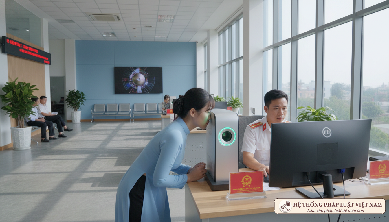 Người dân đang được thu nhận thông tin mống mắt tại cơ quan công an
