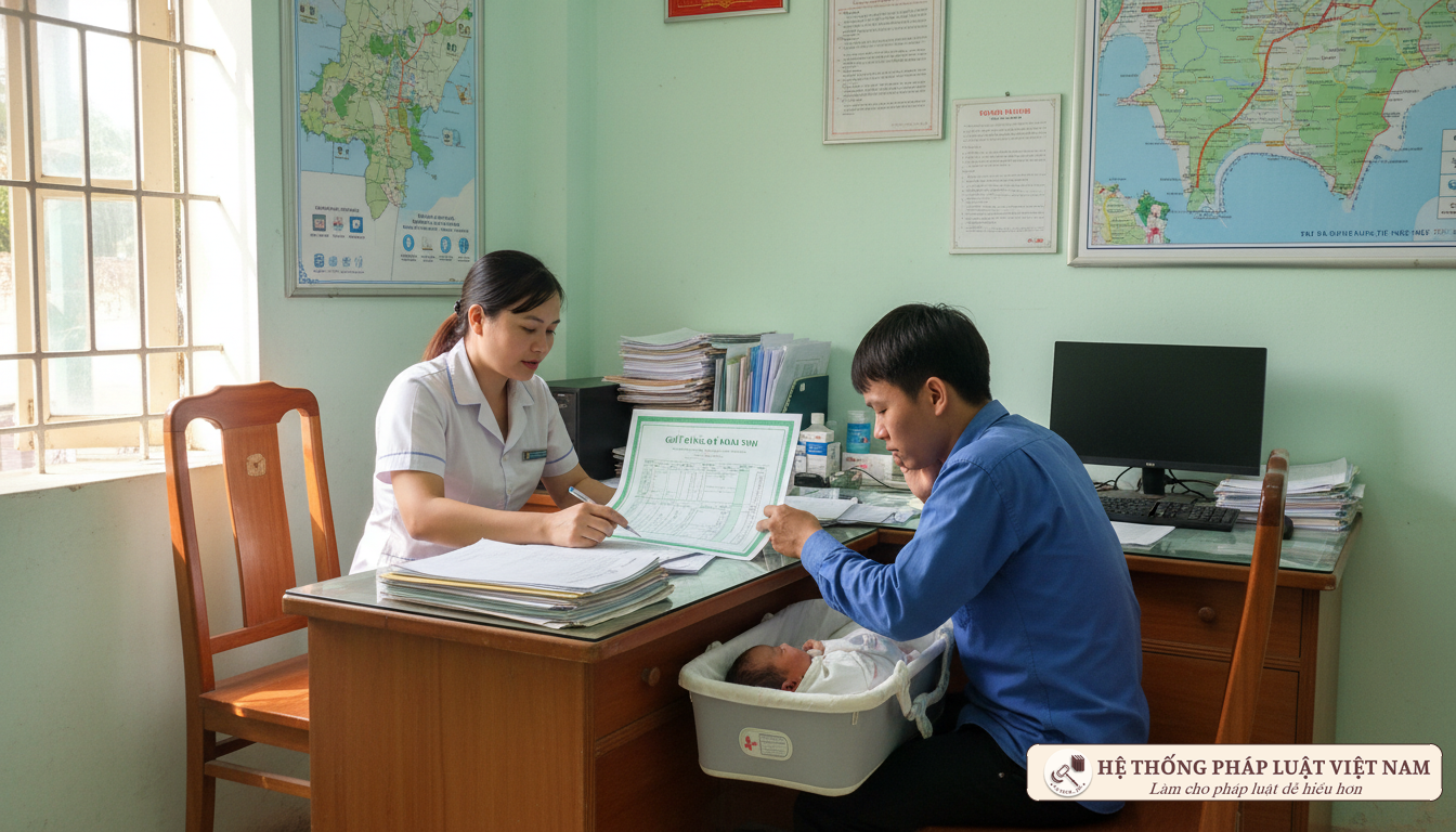 Cán bộ y tế hướng dẫn thủ tục cấp giấy chứng sinh