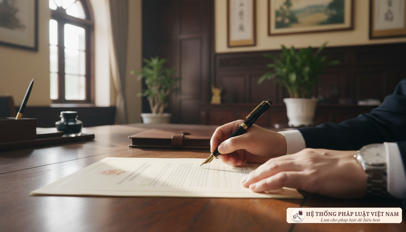 Người dân thực hiện ký tên dưới sự chứng kiến của người thực hiện chứng thực