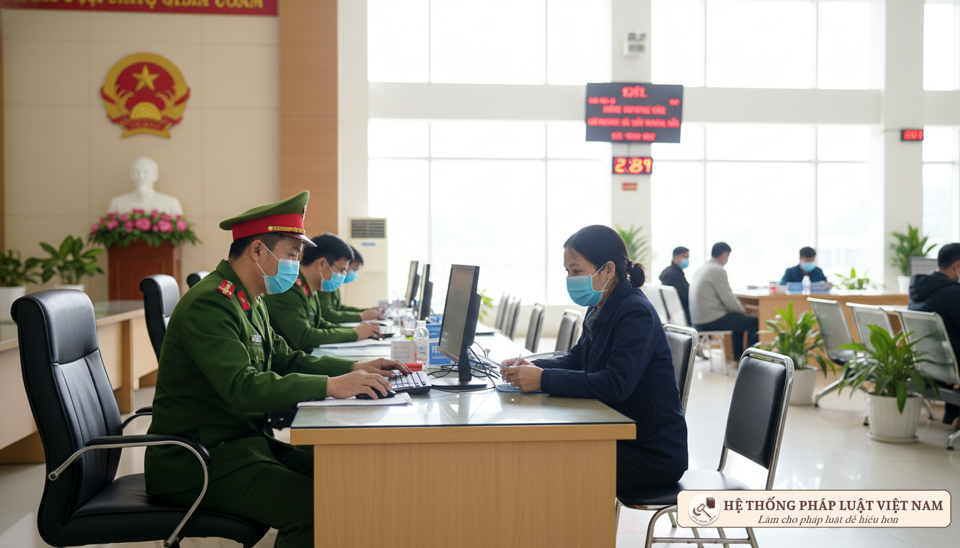 Cán bộ công an làm thủ tục CCCD cho người dân