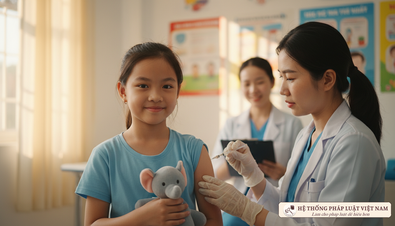Bé gái tiêm chủng vắc xin