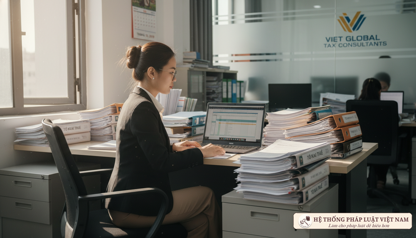 Nữ kế toán Việt Nam đang làm việc quyết toán thuế TNDN