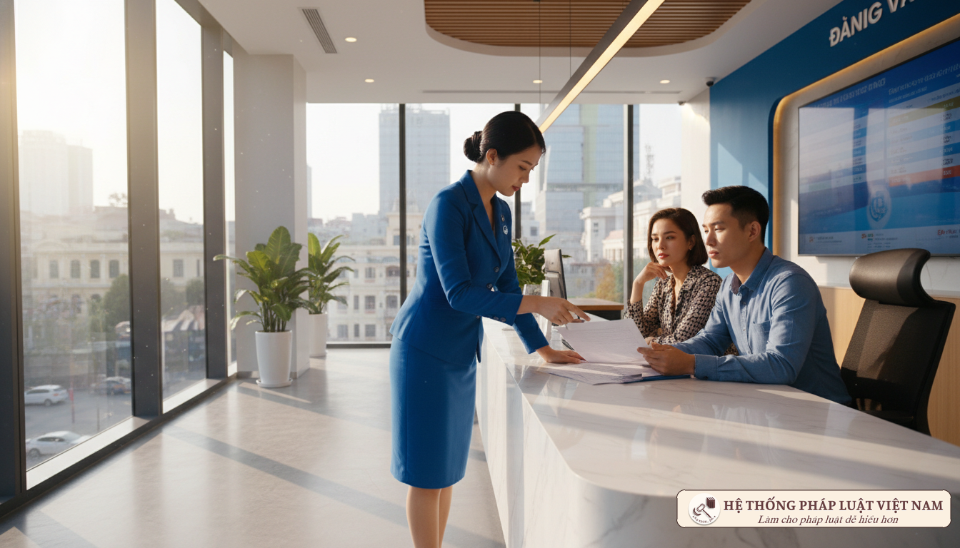 Nhân viên ngân hàng tư vấn cho khách hàng tại quầy giao dịch