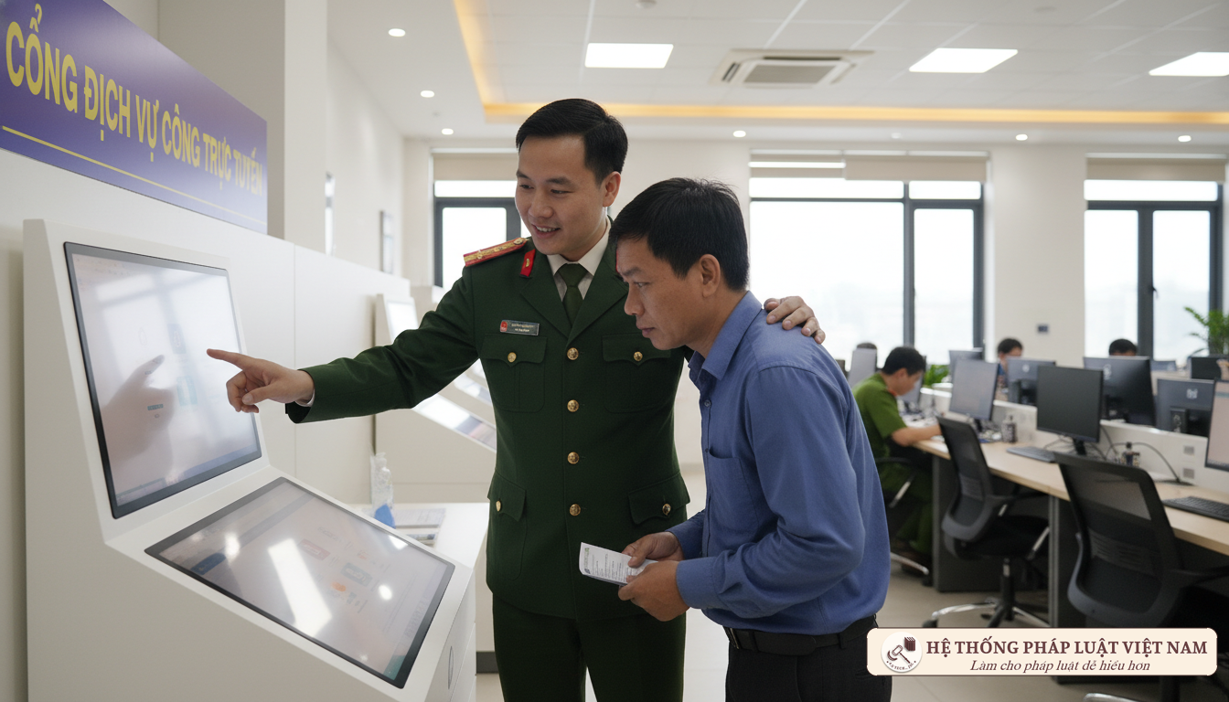 Cán bộ công an hướng dẫn người dân làm thủ tục cư trú online