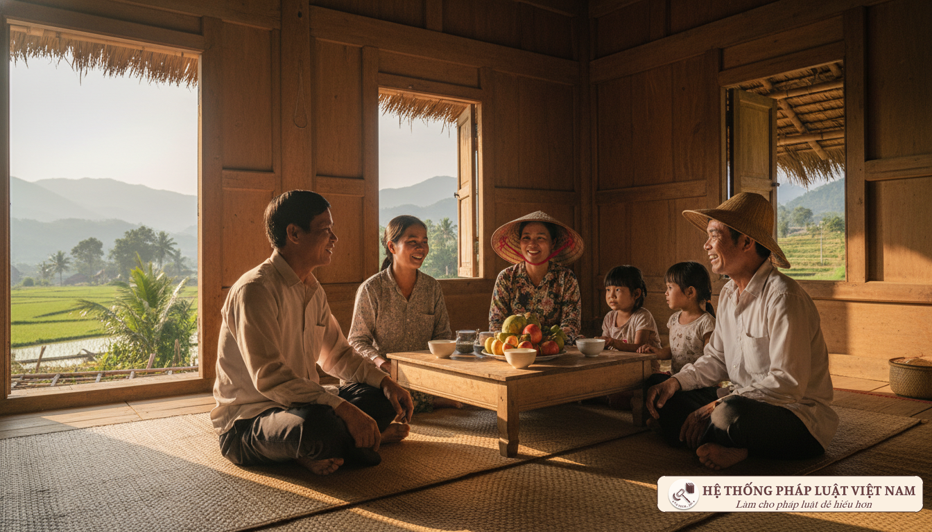 Trưởng thôn thăm hỏi người dân
