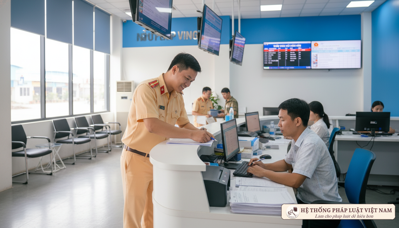 Cán bộ CSGT hướng dẫn đăng ký xe theo Thông tư 58/2020/TT-BCA