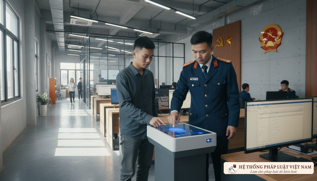 Cán bộ Công an thu nhận vân tay làm CCCD gắn chip