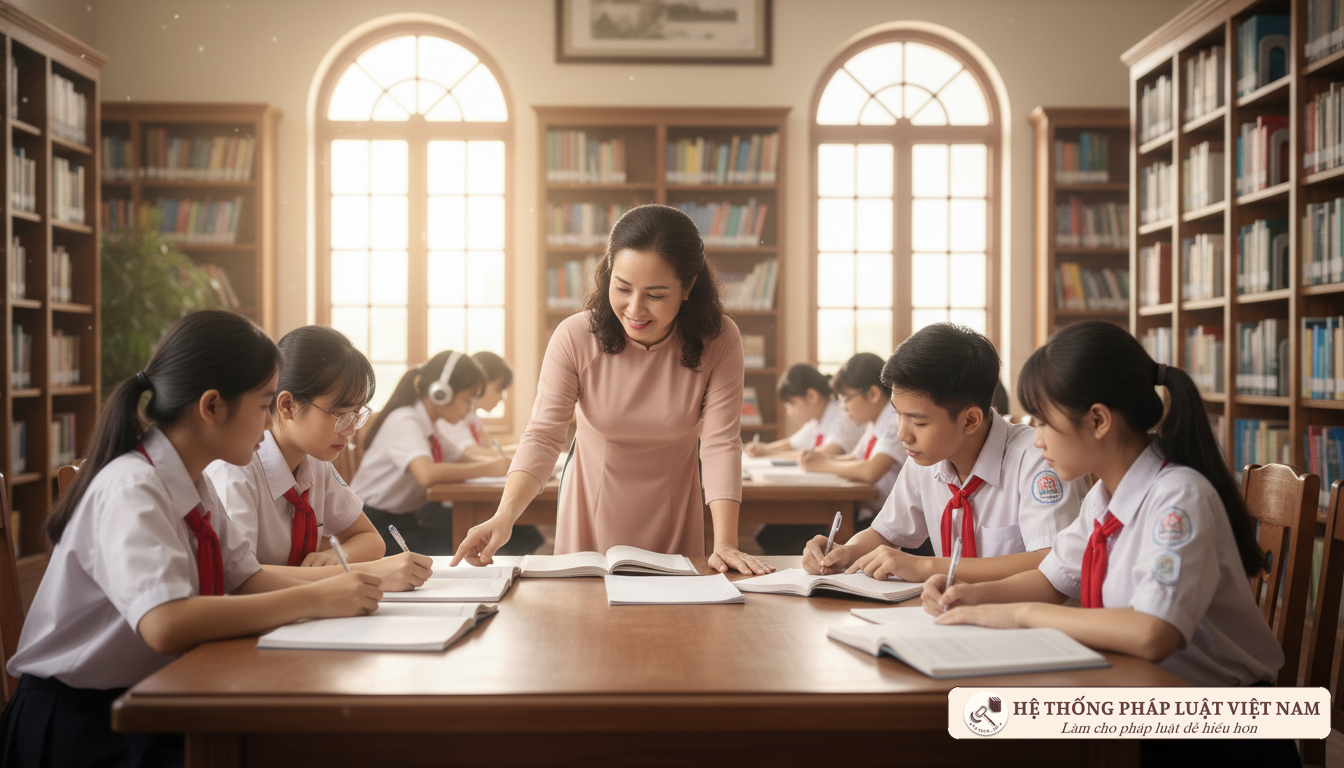 Học sinh học nhóm cùng giáo viên