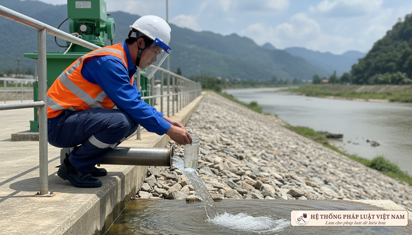 Cán bộ môi trường lấy mẫu nước thải