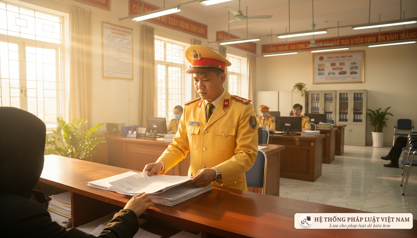 Cảnh sát giao thông kiểm tra hồ sơ đăng ký xe