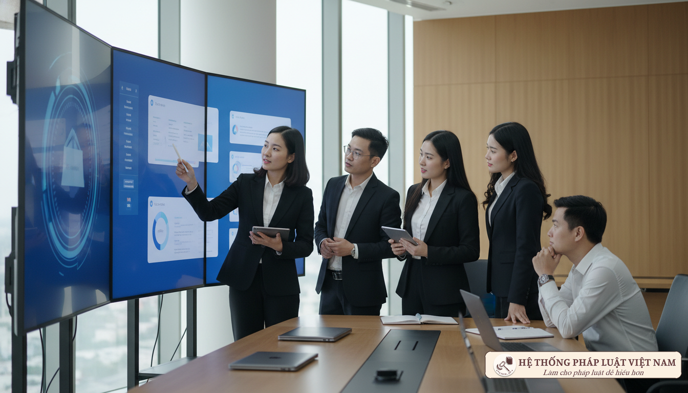 Nhóm viên chức thảo luận về chuyển đổi số