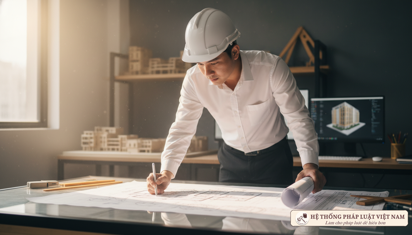 Kiến trúc sư đang thẩm định bản vẽ thiết kế xây dựng