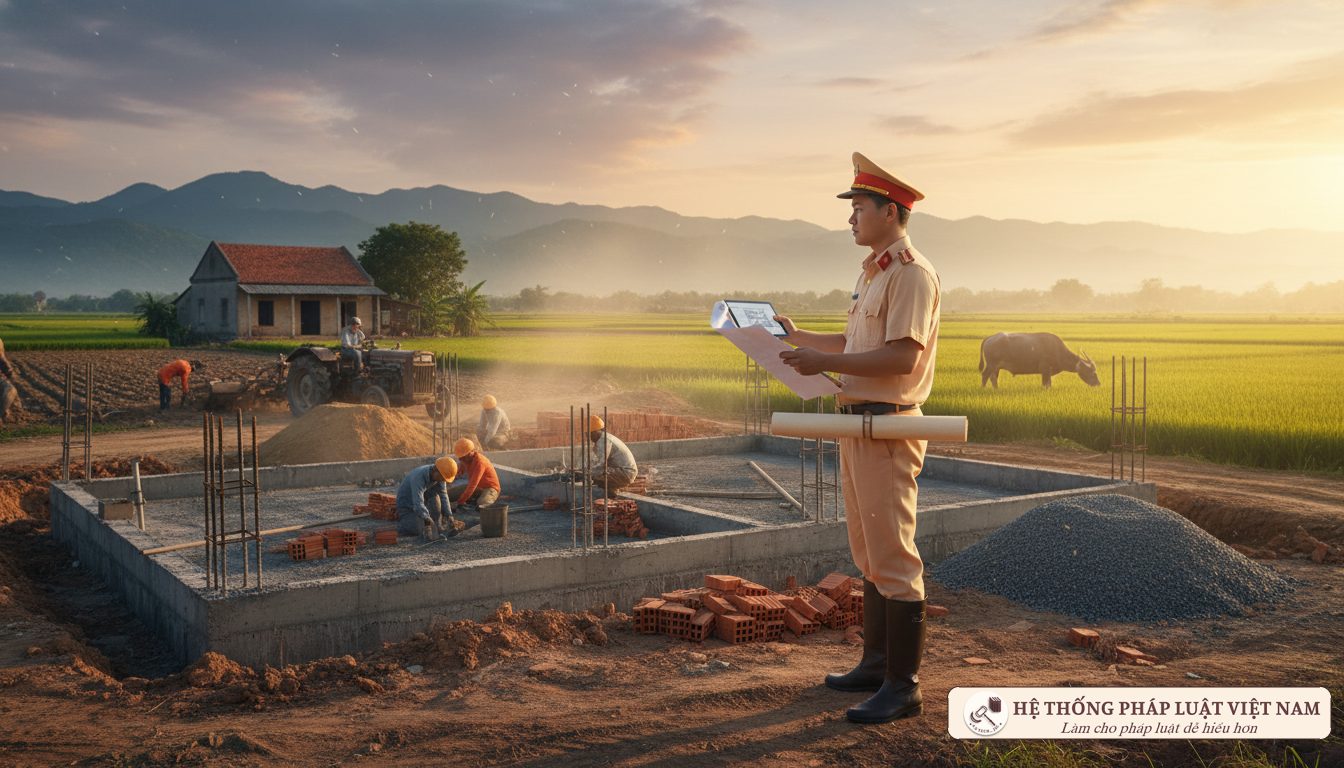 Cán bộ địa chính kiểm tra hiện trạng đất đai