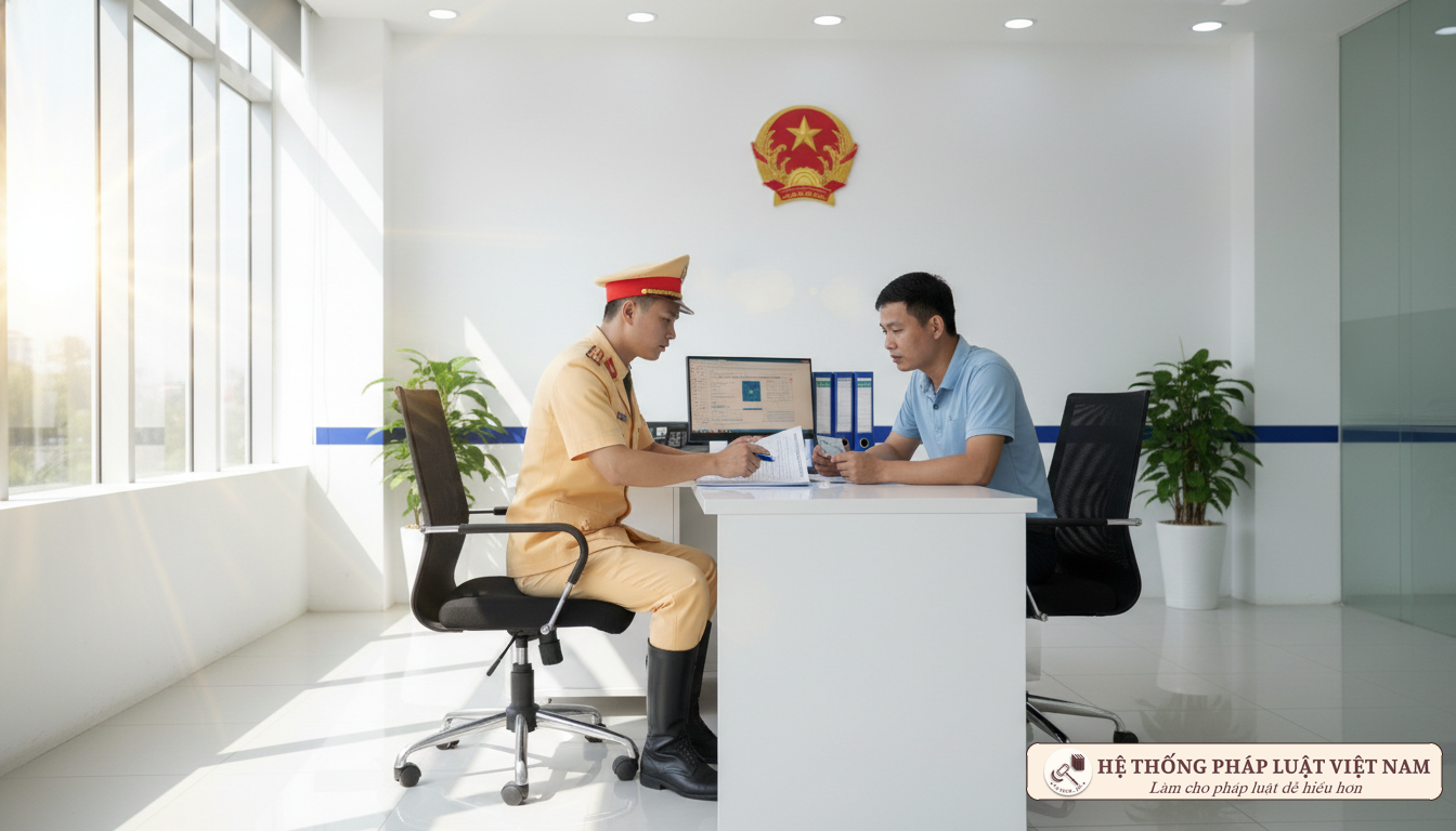 Cán bộ CSGT hướng dẫn người dân làm thủ tục