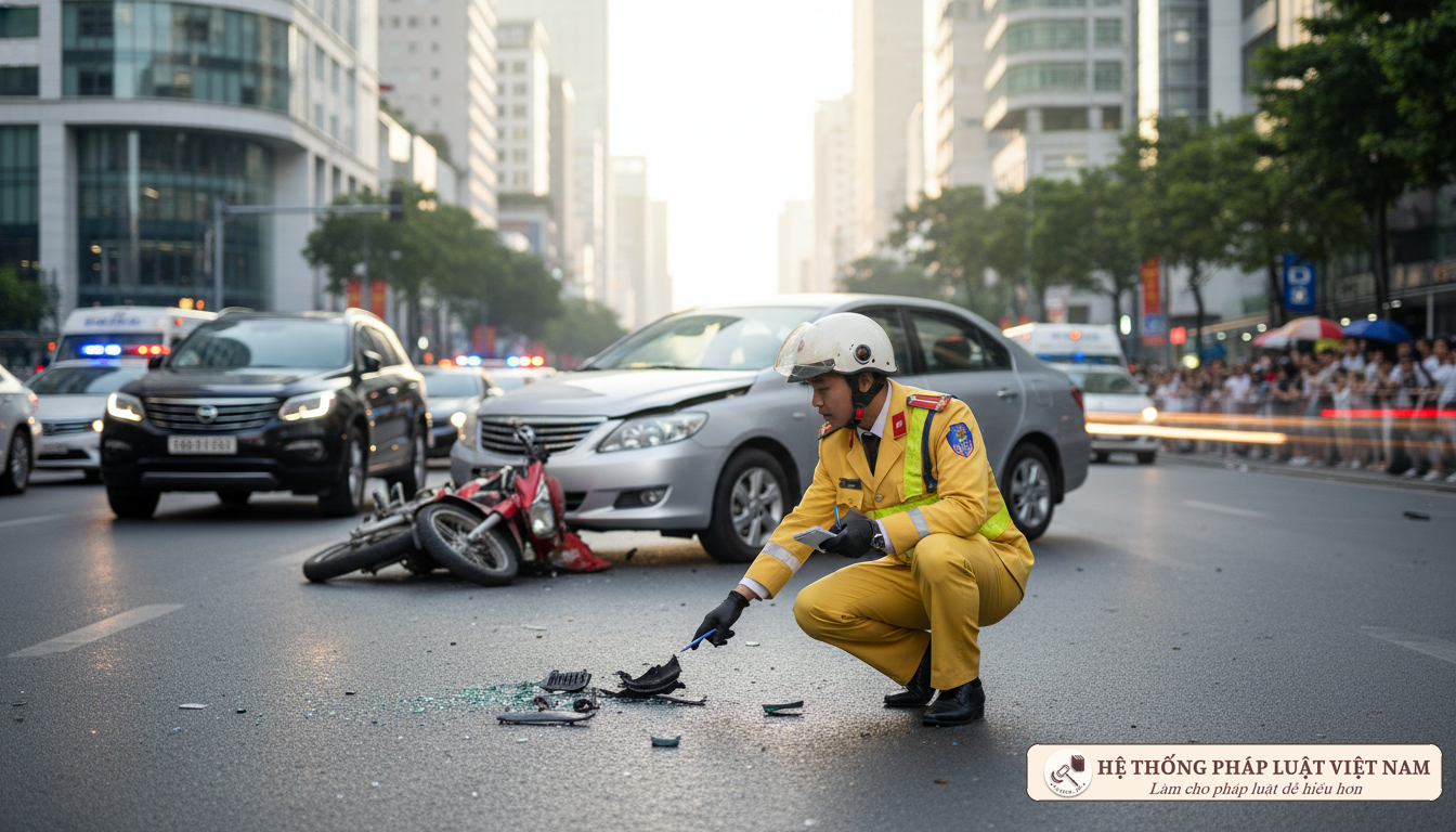Cảnh sát giao thông khám nghiệm hiện trường tai nạn