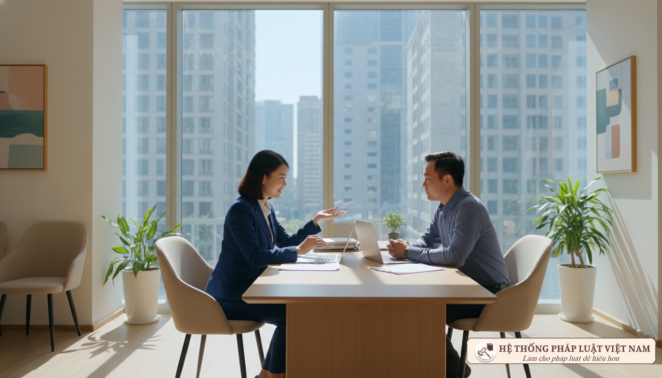 Đại lý bảo hiểm đang tư vấn cho khách hàng về quyền lợi và thuế