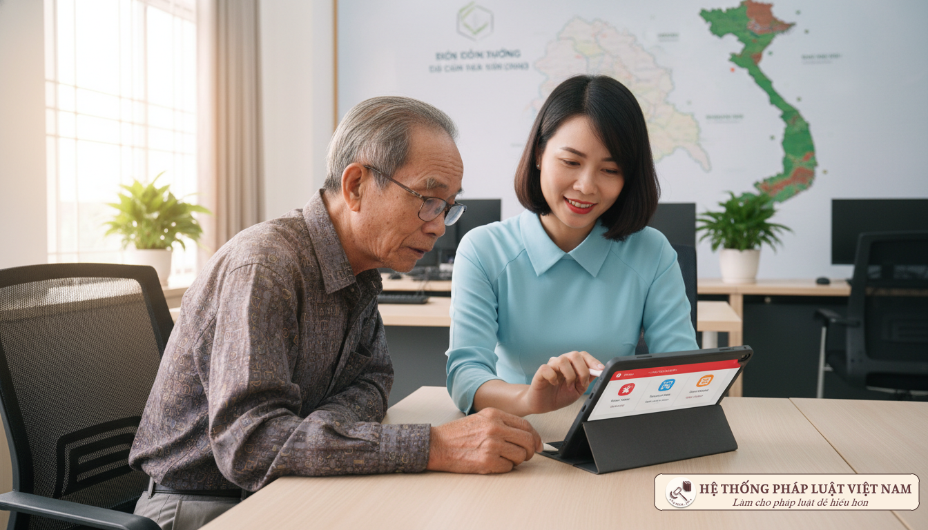 Cán bộ xã hỗ trợ người dân thực hiện dịch vụ công trực tuyến
