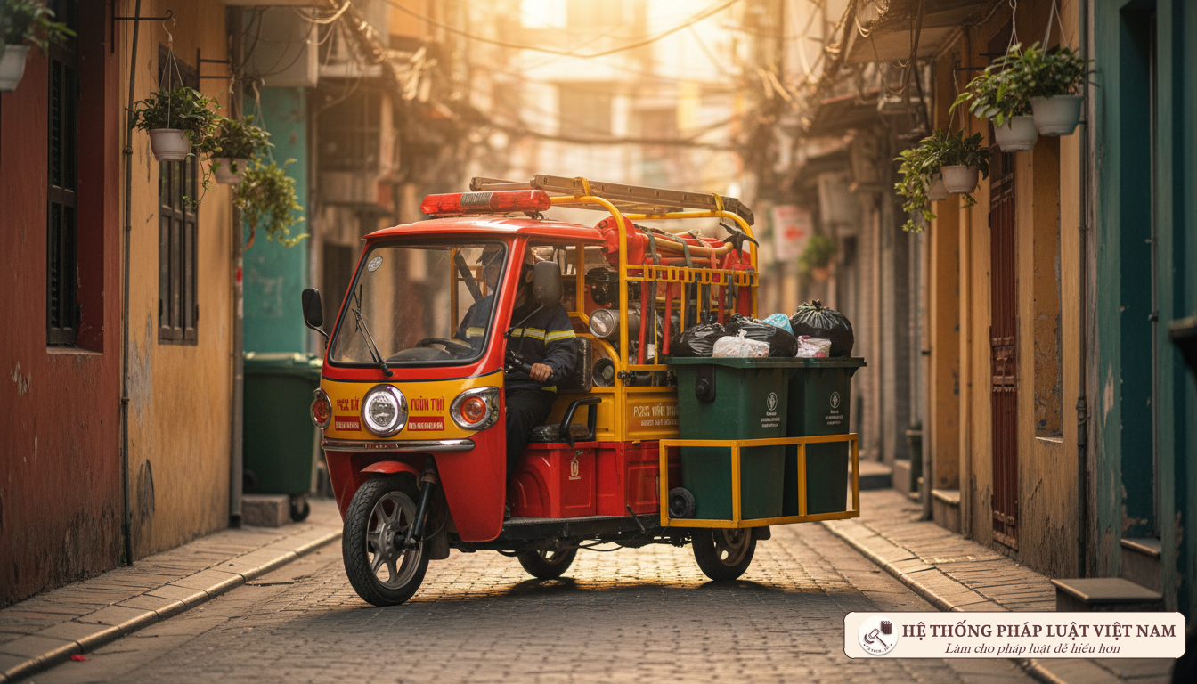 Xe điện 3 bánh di chuyển trong ngõ nhỏ