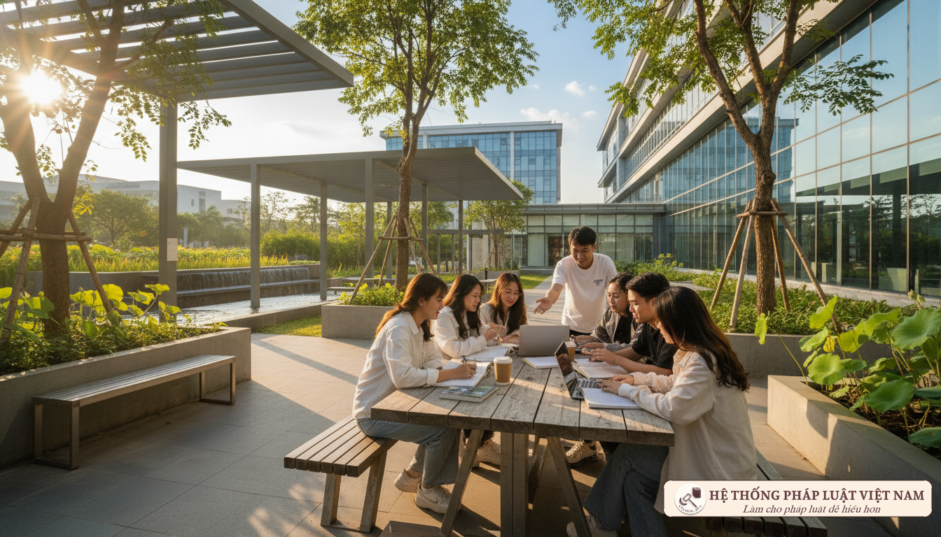 Sinh viên thảo luận tại khuôn viên trường đại học