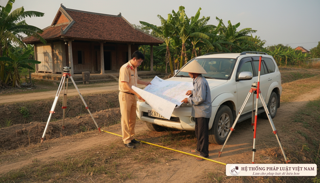 Cán bộ địa chính đo đạc đất đai thực địa cùng người dân