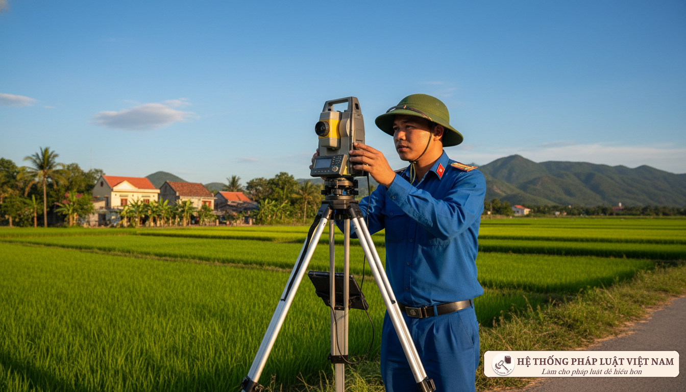 Cán bộ địa chính tiến hành đo đạc thực địa để xác định ranh giới thửa đất