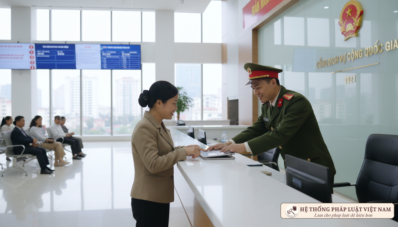 Cán bộ công an hướng dẫn người dân làm thủ tục hành chính