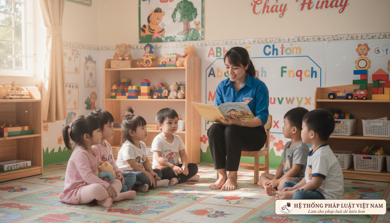 Giáo viên mầm non công lập đang hướng dẫn các bé trong lớp học
