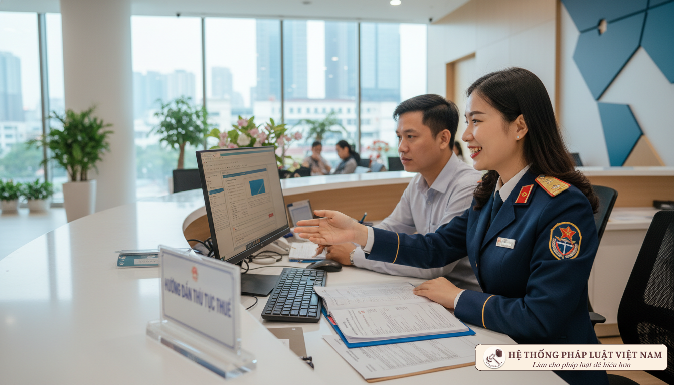 Cán bộ thuế hướng dẫn người dân