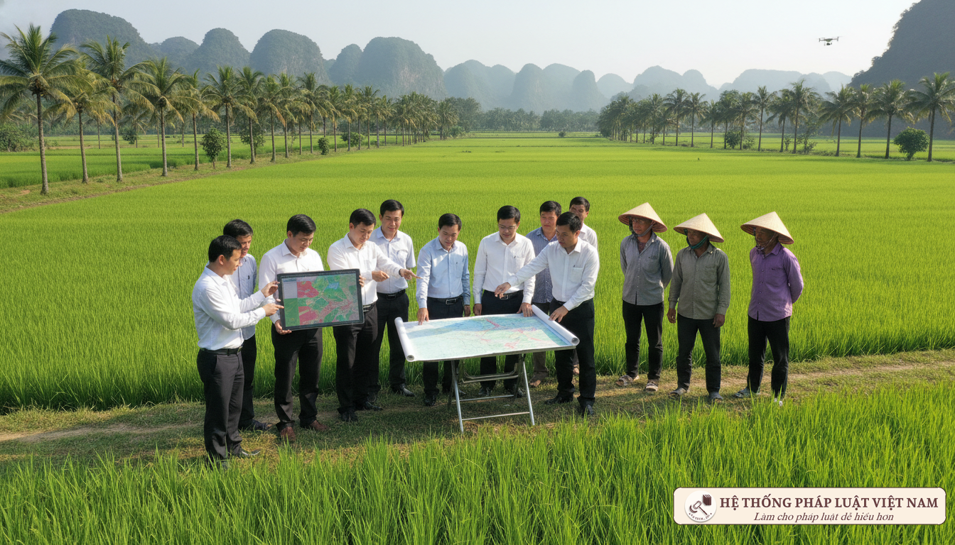 Cán bộ địa chính kiểm tra thực địa đất đai